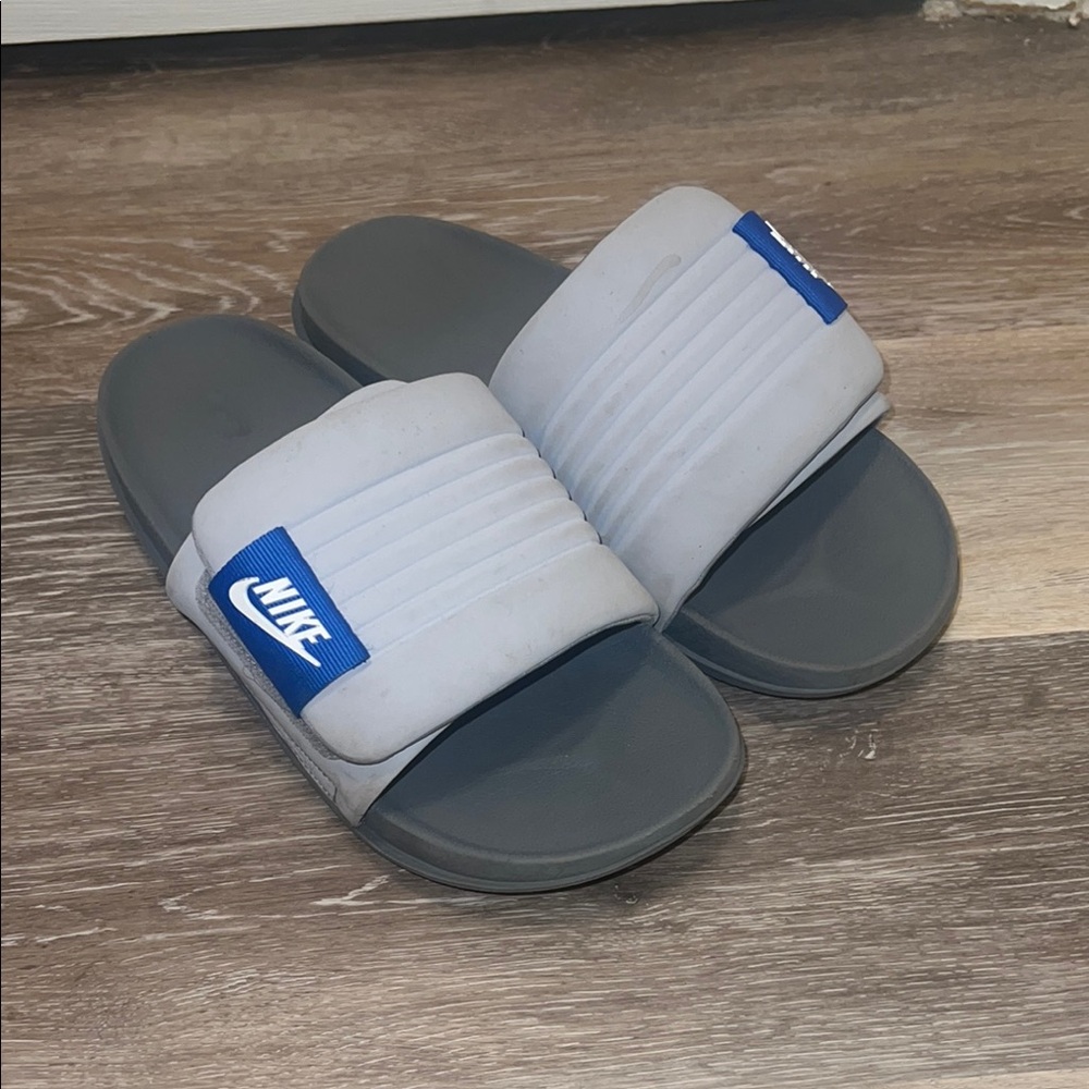 Nike Gray and Blue Quilted Slide Sandals